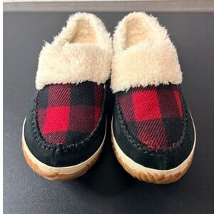Sorel Nakiska Scuff Slippers Red Black Buffalo Plaid Faux Fur Suede Size 8